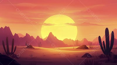 Ilustração Digital de Deserto ao Pôr do Sol com Cactos e Montanhas