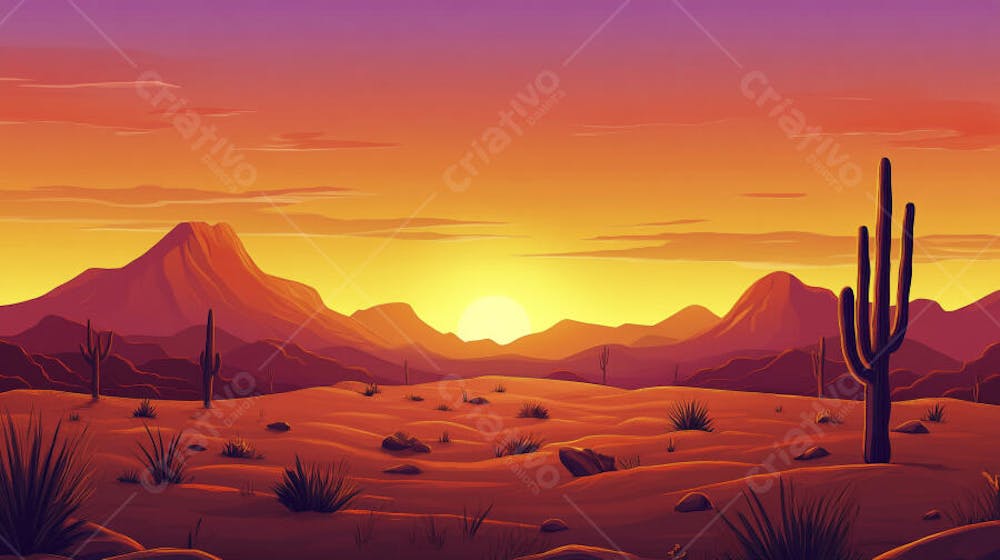 Ilustração Digital de Deserto ao Pôr do Sol com Cactos e Montanhas