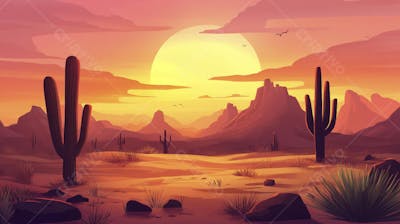 Ilustração Digital de Deserto ao Pôr do Sol com Cactos e Montanhas