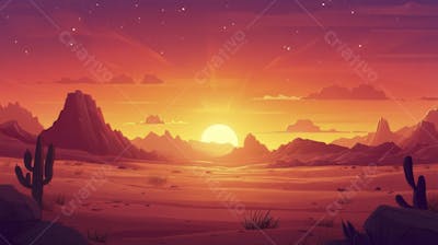 Ilustração Digital de Deserto ao Pôr do Sol com Cactos e Montanhas