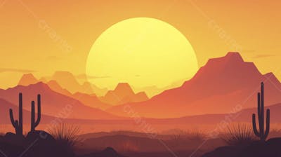 Ilustração Digital de Deserto ao Pôr do Sol com Cactos e Montanhas