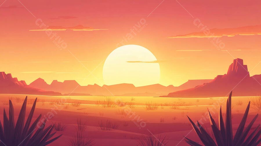 Pôr do sol laranja em deserto montanhoso