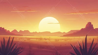 Ilustração Digital de Deserto ao Pôr do Sol com Cactos e Montanhas