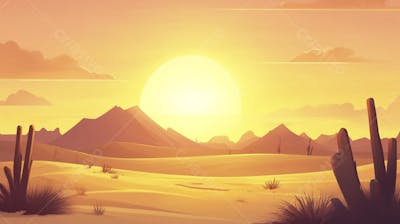 Ilustração Digital de Deserto ao Pôr do Sol com Cactos e Montanhas