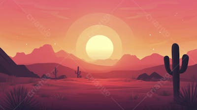 Ilustração Digital de Deserto ao Pôr do Sol com Cactos e Montanhas