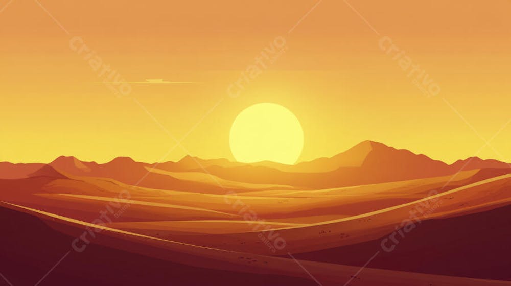 Ilustração Digital de Deserto ao Pôr do Sol com Cactos e Montanhas