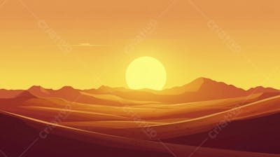 Ilustração Digital de Deserto ao Pôr do Sol com Cactos e Montanhas