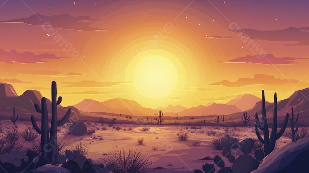 Ilustração Digital de Deserto ao Pôr do Sol com Cactos e Montanhas