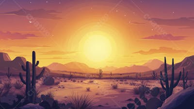 Ilustração Digital de Deserto ao Pôr do Sol com Cactos e Montanhas