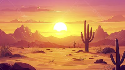 Ilustração Digital de Deserto ao Pôr do Sol com Cactos e Montanhas