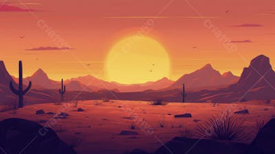 Ilustração Digital de Deserto ao Pôr do Sol com Cactos e Montanhas