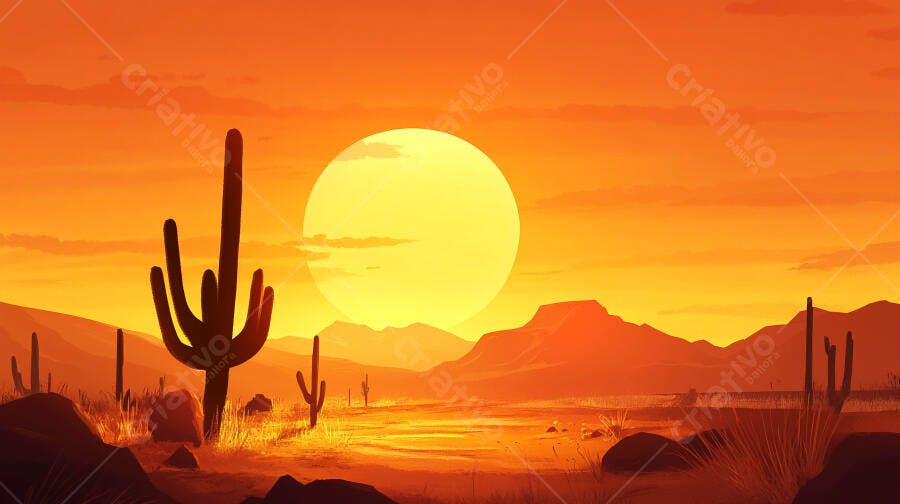 Pôr do Sol Laranja no Deserto com Cactos
