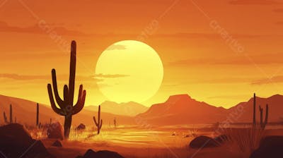 Ilustração Digital de Deserto ao Pôr do Sol com Cactos e Montanhas