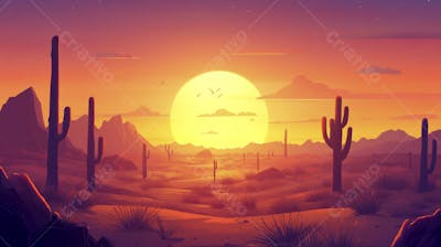 Ilustração Digital de Deserto ao Pôr do Sol com Cactos e Montanhas