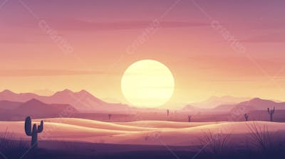 Ilustração Digital de Deserto ao Pôr do Sol com Cactos e Montanhas