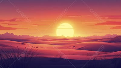 Ilustração Digital de Deserto ao Pôr do Sol com Cactos e Montanhas