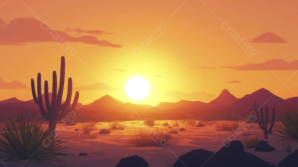 Ilustração Digital de Deserto ao Pôr do Sol com Cactos e Montanhas