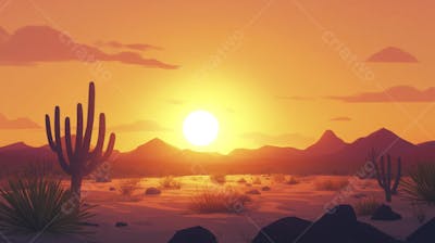 Ilustração Digital de Deserto ao Pôr do Sol com Cactos e Montanhas