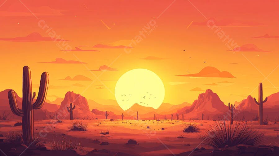Pôr do sol laranja no deserto com cactos
