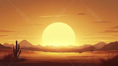 Ilustração Digital de Deserto ao Pôr do Sol com Cactos e Montanhas
