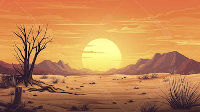 Ilustração Digital de Deserto ao Pôr do Sol com Cactos e Montanhas