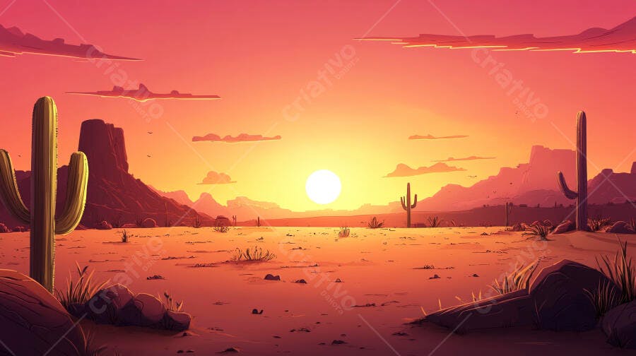 Pôr do sol no deserto com cactos