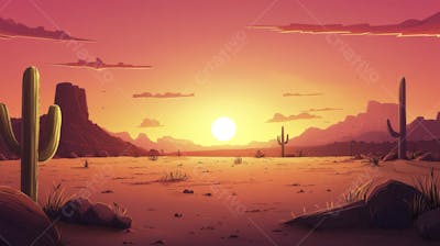 Ilustração Digital de Deserto ao Pôr do Sol com Cactos e Montanhas