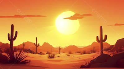Ilustração Digital de Deserto ao Pôr do Sol com Cactos e Montanhas