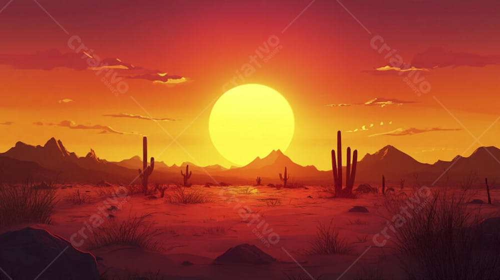 Ilustração Digital de Deserto ao Pôr do Sol com Cactos e Montanhas