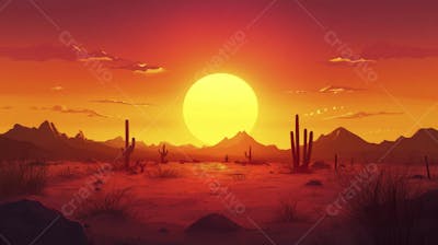 Ilustração Digital de Deserto ao Pôr do Sol com Cactos e Montanhas