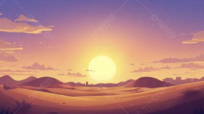 Ilustração Digital de Deserto ao Pôr do Sol com Cactos e Montanhas
