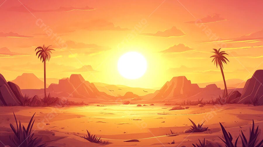 Pôr do sol laranja em deserto com palmeiras