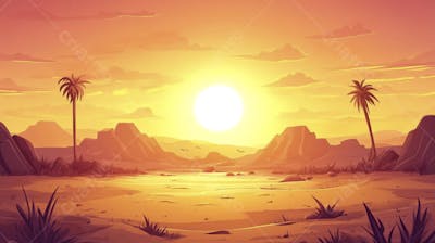 Ilustração Digital de Deserto ao Pôr do Sol com Cactos e Montanhas