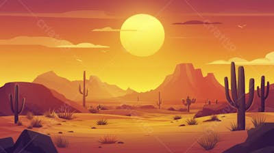 Ilustração Digital de Deserto ao Pôr do Sol com Cactos e Montanhas