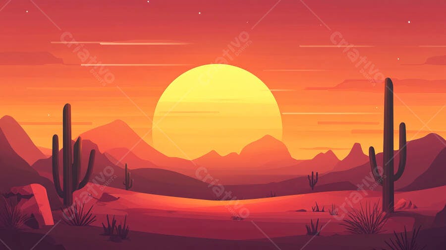 Pôr do sol laranja no deserto com cactos