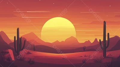 Ilustração Digital de Deserto ao Pôr do Sol com Cactos e Montanhas