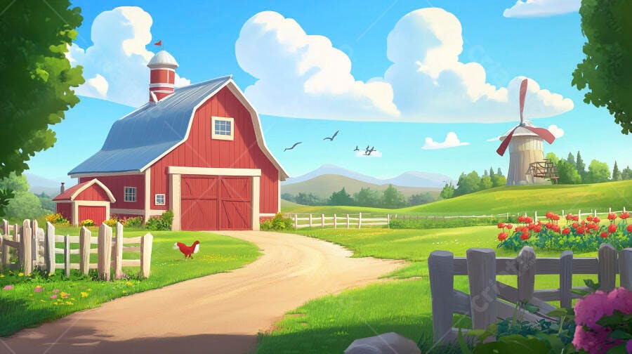 Fazenda rural com celeiro vermelho e moinho de vento