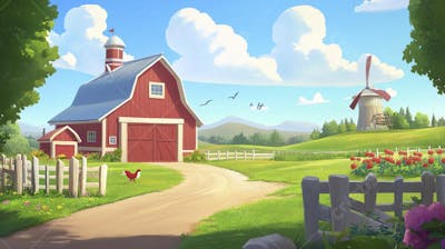 Ilustração Digital de Fazenda no Outono com Casa Branca e Campo Dourado