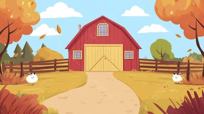 Ilustração Digital de Fazenda no Outono com Casa Branca e Campo Dourado