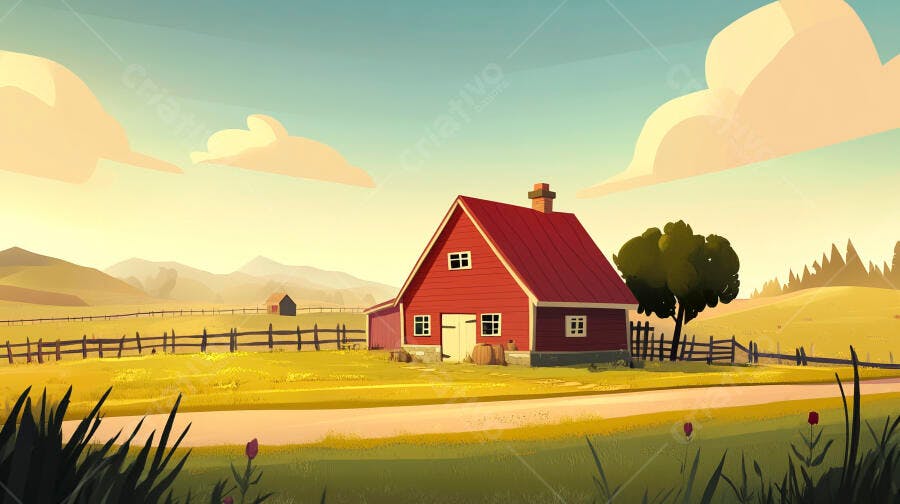 Casa vermelha em paisagem rural ao entardecer