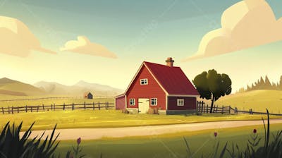 Ilustração Digital de Fazenda no Outono com Casa Branca e Campo Dourado