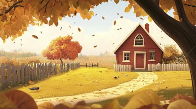 Ilustração Digital de Fazenda no Outono com Casa Branca e Campo Dourado