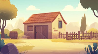 Ilustração Digital de Fazenda no Outono com Casa Branca e Campo Dourado