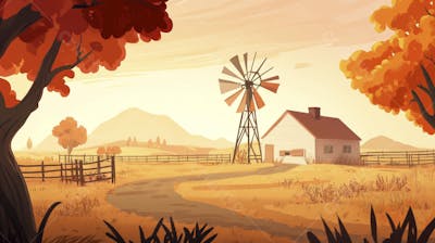 Ilustração Digital de Fazenda no Outono com Casa Branca e Campo Dourado