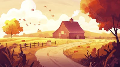 Ilustração Digital de Fazenda no Outono com Casa Branca e Campo Dourado