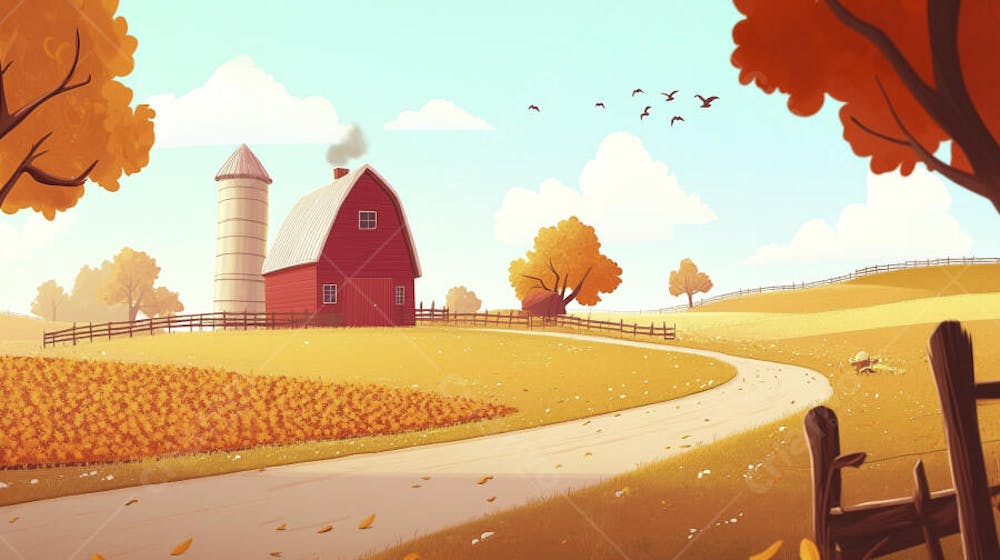 Ilustração Digital de Fazenda no Outono com Casa Branca e Campo Dourado