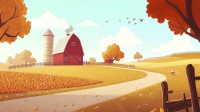Ilustração Digital de Fazenda no Outono com Casa Branca e Campo Dourado