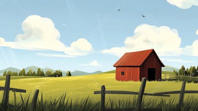 Ilustração Digital de Fazenda no Outono com Casa Branca e Campo Dourado