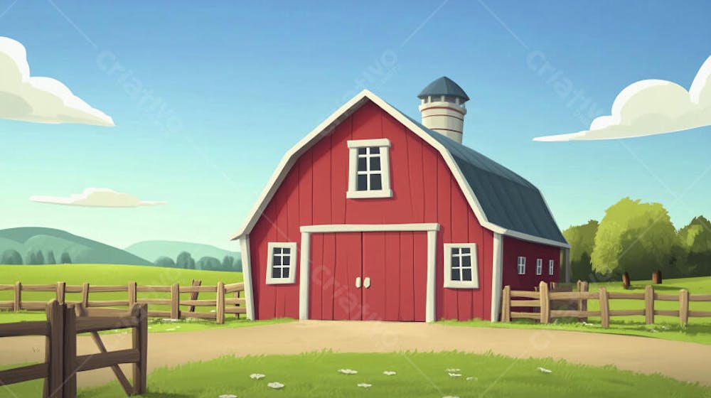 Ilustração Digital de Fazenda no Outono com Casa Branca e Campo Dourado