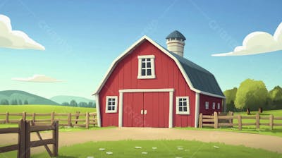 Ilustração Digital de Fazenda no Outono com Casa Branca e Campo Dourado